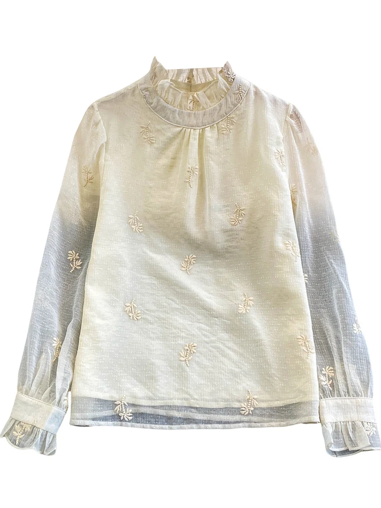 Długa bluzka damska z haftem, luźny krój, wyszczuplająca warstwa bazowa, francuska siateczka, ciężka robota, kołnierzyk holenderski.