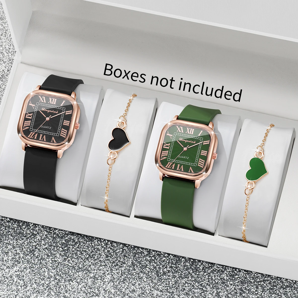 

4 шт./компл. Модные квадратные женские часы с римским циферблатом, силиконовым ремешком, кварцевые часы, набор браслетов с сердечками, Reloj Mujer (без коробки)