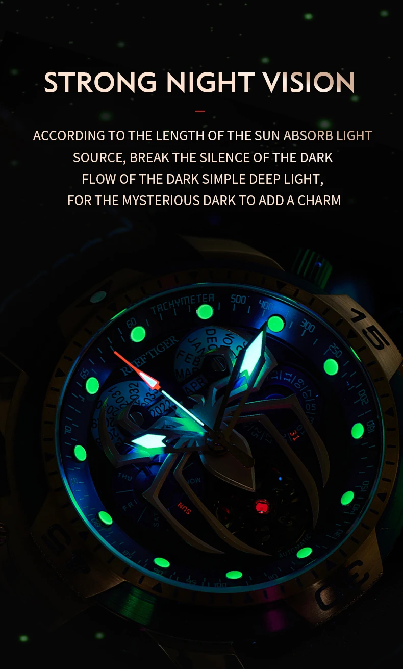 Reef Tiger Mens Luxury Watches 46MM Fashion Automatic Mechanical Wrsitwatch 100M Waterproof Luminous Wristwatch Sapphire RGA3532