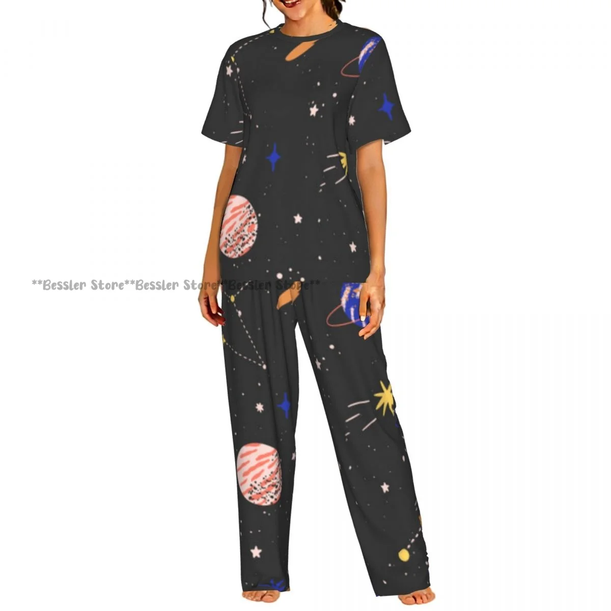 

Women's Space Planets Stars Meteorites Moon short sleeve trousers casual pajamas set