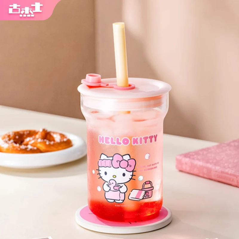 Taza con pajita de colaboración Sanrio, vaso de vidrio de alto borosilicato con tapa, taza de agua de HelloKitty de dibujos animados, taza de jugo casera para niños