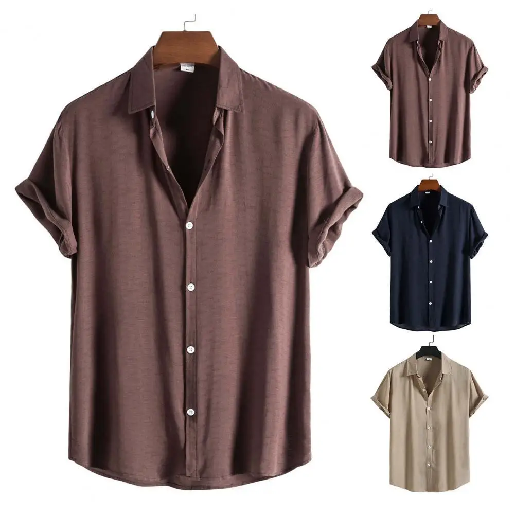 Men Shirt Solid Color Short Sleeve Cardigan Turn-down Collar Summer Top Daily Garment