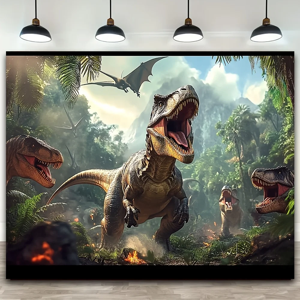 Bannière de fond de jungle dinosaure, adaptée aux fêtes et aux célébrations sur le thème préhistorique, utilisation intérieure et extérieure