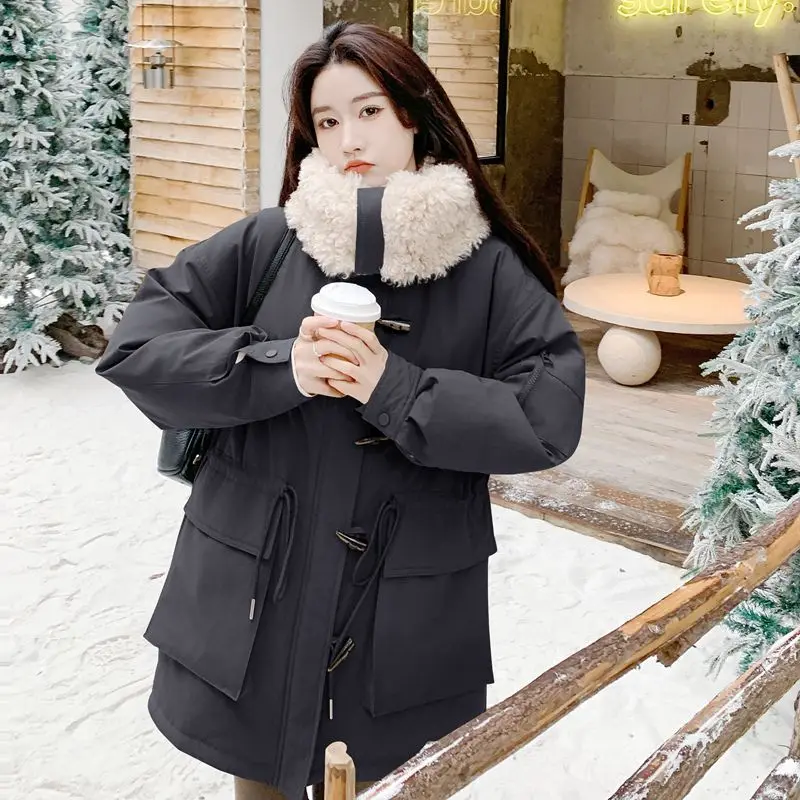 

Winter Collar Parka Puffer Jacket Women's Knee Length Style Plush Fleece Lined Thickened Coat​​