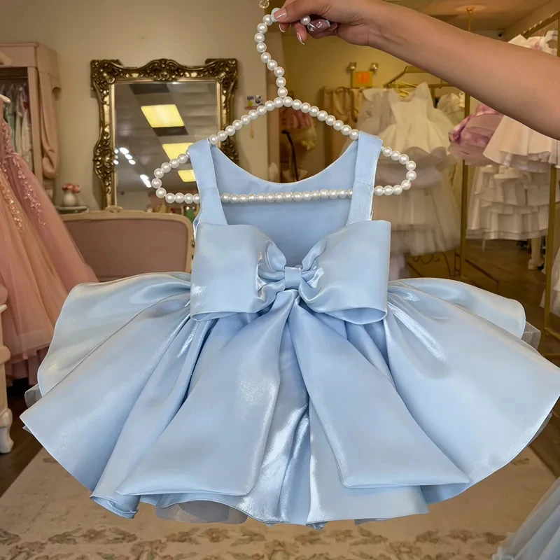 Light Blue Water Shiny Satin Girls Princess Dress Bows Suspender Puffy Ball Gown Kids Birthday Wedding Flower Girl Pageant Dress
