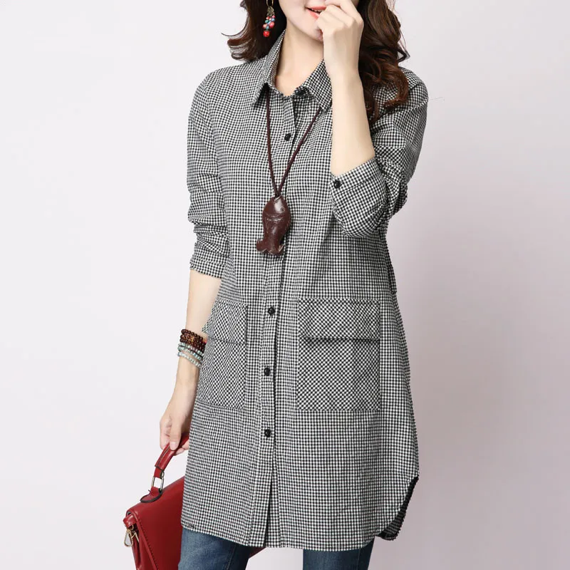 

Women's Autumn Fashion Simplicity Plaid Medium to Long Length Shirt Women Clothes Temperament All-match Casual Loose Tops