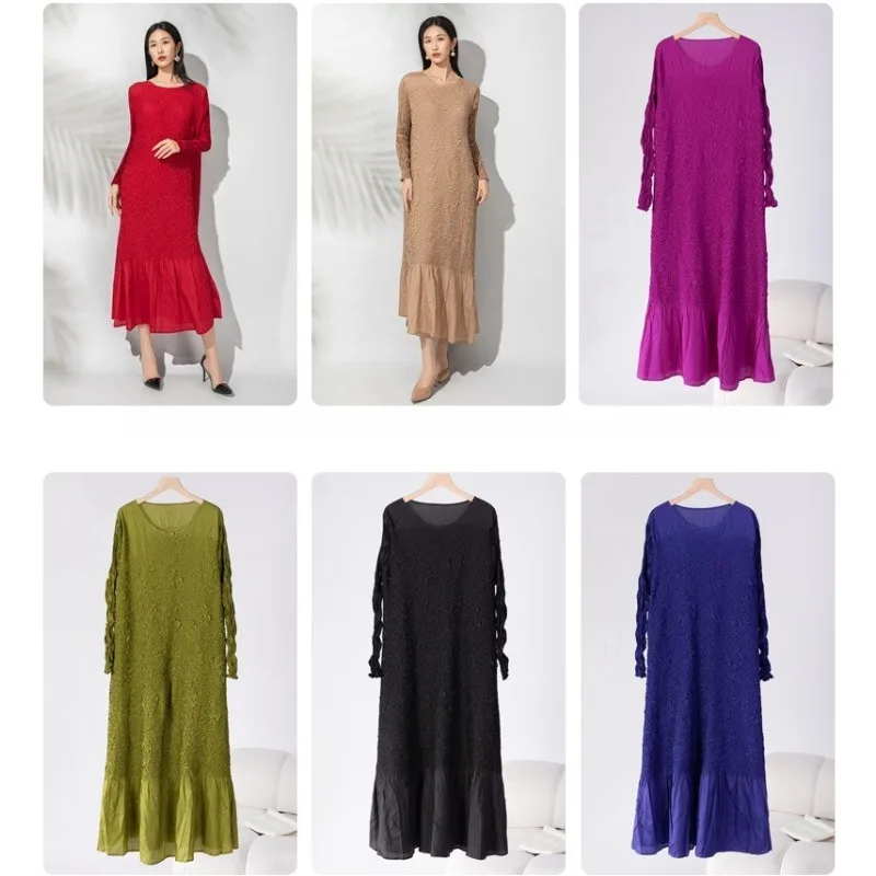 

Miyake Pleated Jacquard Texture Sense of Solid Color Dress Women Temperament Round Neck Pullover Long Embroidered Bottom Dresses