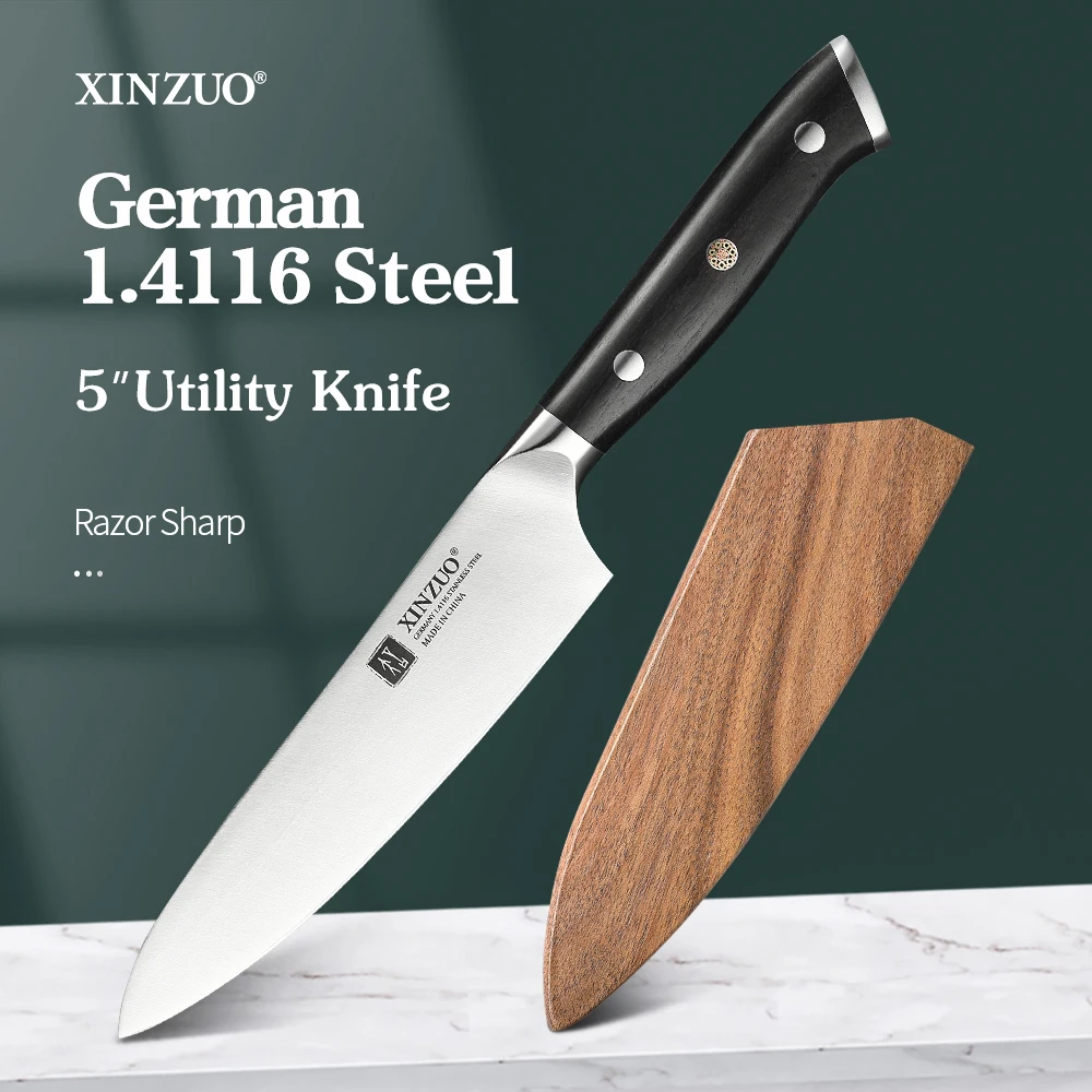 

XINZUO 5 Inch Utility Knife High Carbon Stainless Steel Germany 1.4116 Sharp Blade Chef Cutter Universal Multifunctional Tool