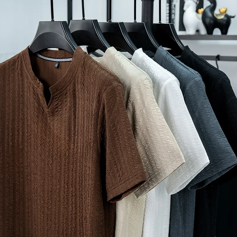 Mens Short Sleeve Vertical Crinkle Fabric Henley Collar Tees Loose Fit Wrinkle Resistant Lightweight Fashion Tops For Men