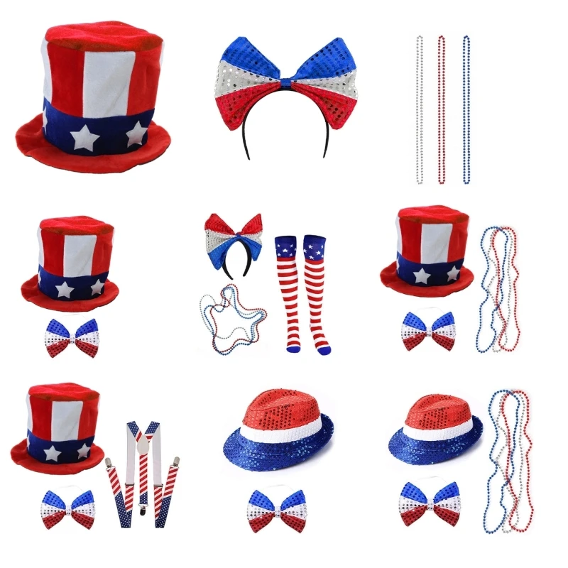 652F Independance Day Accessories Uncle-Sam Costume Set Headband Hat Necklaces Cosplays Accessory for Gilrs Women