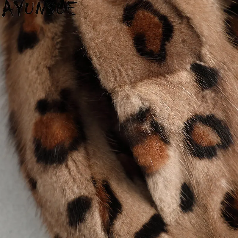 AYUNSUE 리얼 밍크 퍼 코트 여성용 레오파드 프린트 아우터웨어 겨울 퍼 재킷 짧은 스타일리시 퍼 코트 여성 의류