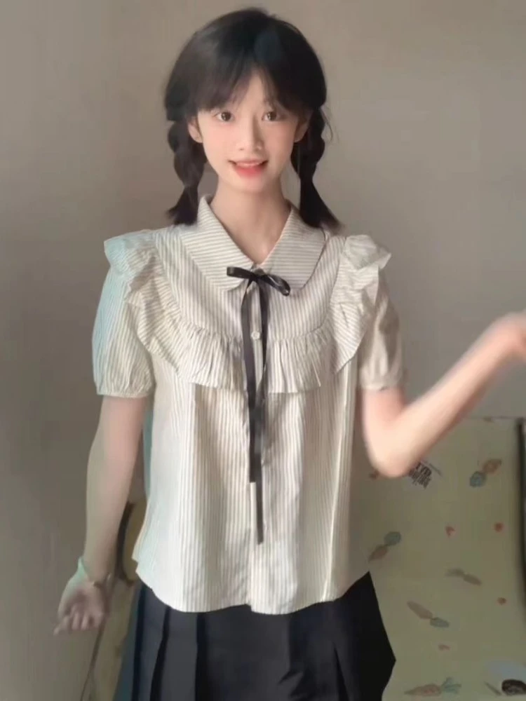 Camicie Donna Stile Preppy Chic Estate Dolce a righe Trendy High Street Mujer Blusas Casual Manica corta Semplice Carino Tutto-fiammifero