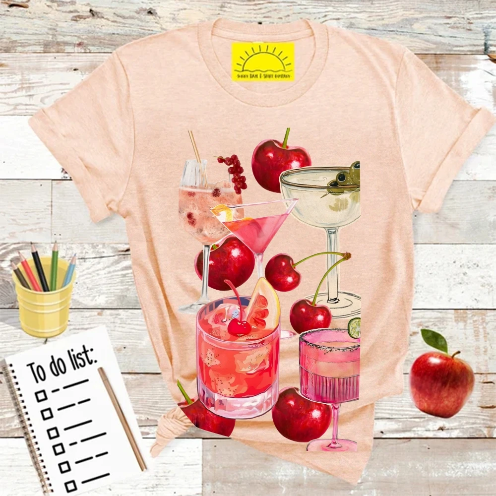 Camiseta gráfica de coquetel de frutas 100% algodão de alta qualidade oversize colorido camiseta cereja bebidas impressão verão y2k vibe