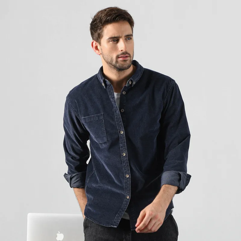 Men's Casual Long Sleeve Corduroy Shirt Vintage Trendy Korean Style Loose Fit Polyester Fiber Pocket Design Button Closure