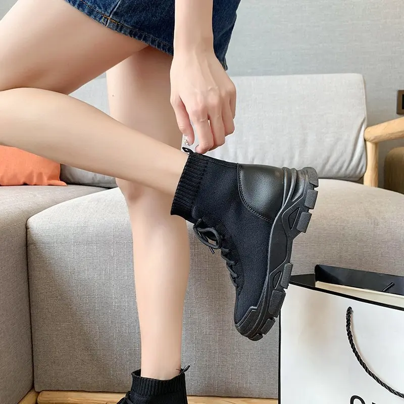 Women Ankle Boots Breathable Knitted 2021 Fashion Autumn Female Platform Boot Lace Up Mid-calf Boot Ladies Shoes Footwear