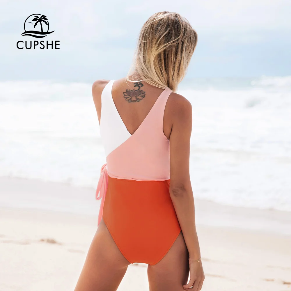 Cupshe Orange And White Colorblock One-piece Swimsuit Women Patchwork Belt Bow Monokini 2023 V-neck Beach Bathing Suit Swimwear