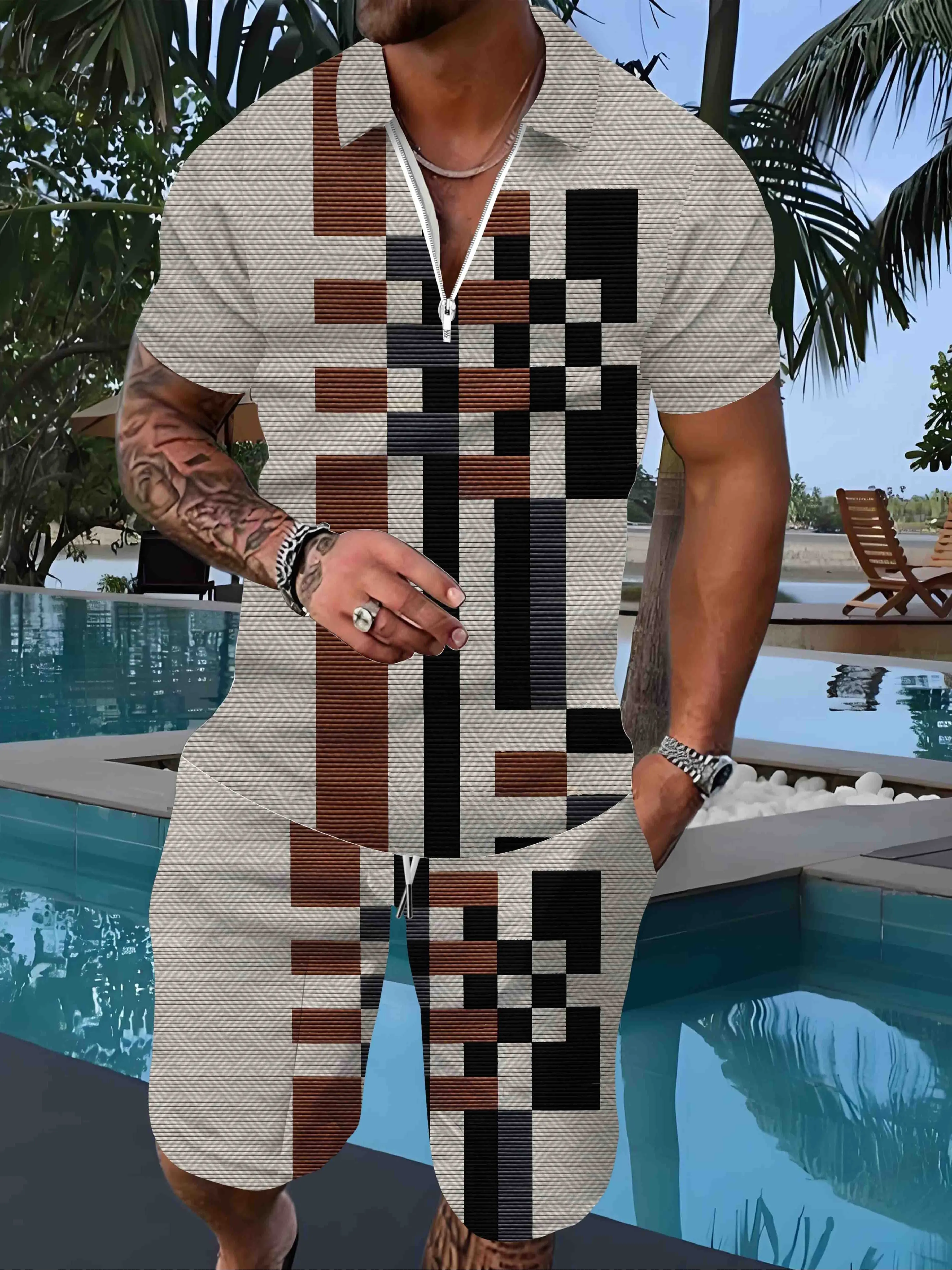 

A Casual And Comfortable Set Of Golf Shirts And shorts, A two-piece short-sleeved Zipper Shirt Printed For men's Fashion