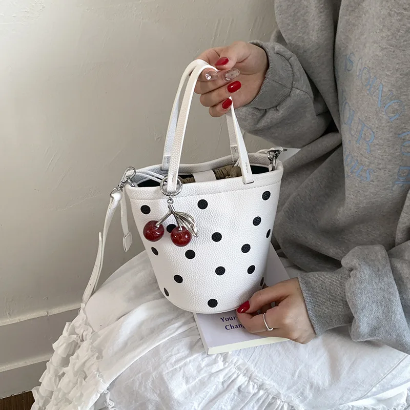 

2025 Trendy Polka Dot Bucket Bag Women's Stylish Shoulder Crossbody Handbag Maillard Leather Purse