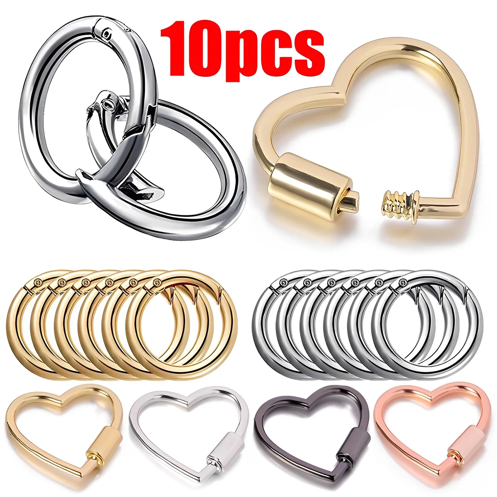 10PCS Spring Clasp Keychain Ring Steel Color Openable Round Carabiner Hook Buckle Bag Chain Connector for DIY Jewelry Making