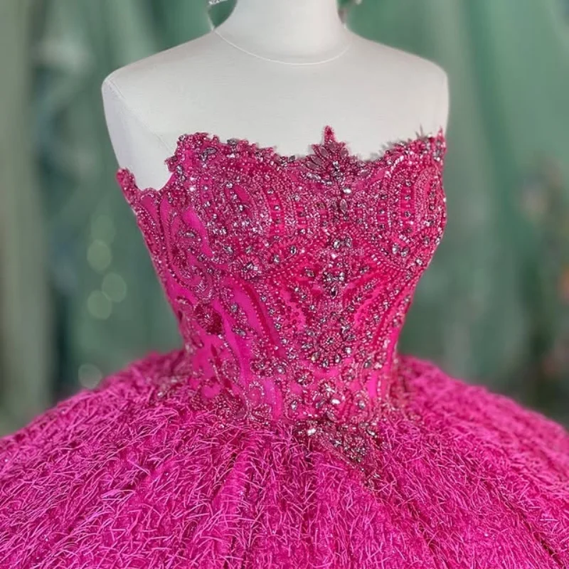 

Luxury Rose Pink Quinceanera Dress off-shoulder glitter feather decal Long tail Bow vestidos de 15 Quinceanera ﻿Customize