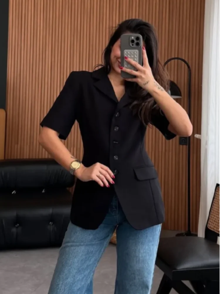 

Elegant Women Short Sleeve Blazer Jacket Lapel Single Breasted Slim Female Coat 2025 Spring Summer Lady Outerwear Commuting New