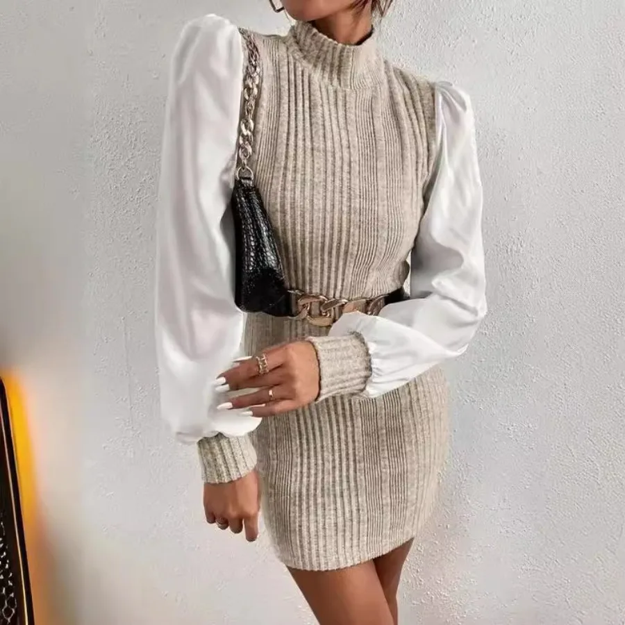 

【New style】 - women's clothing 2026 temperament elegant long-sleeved splicing slim dress knitted one-step dress without belt