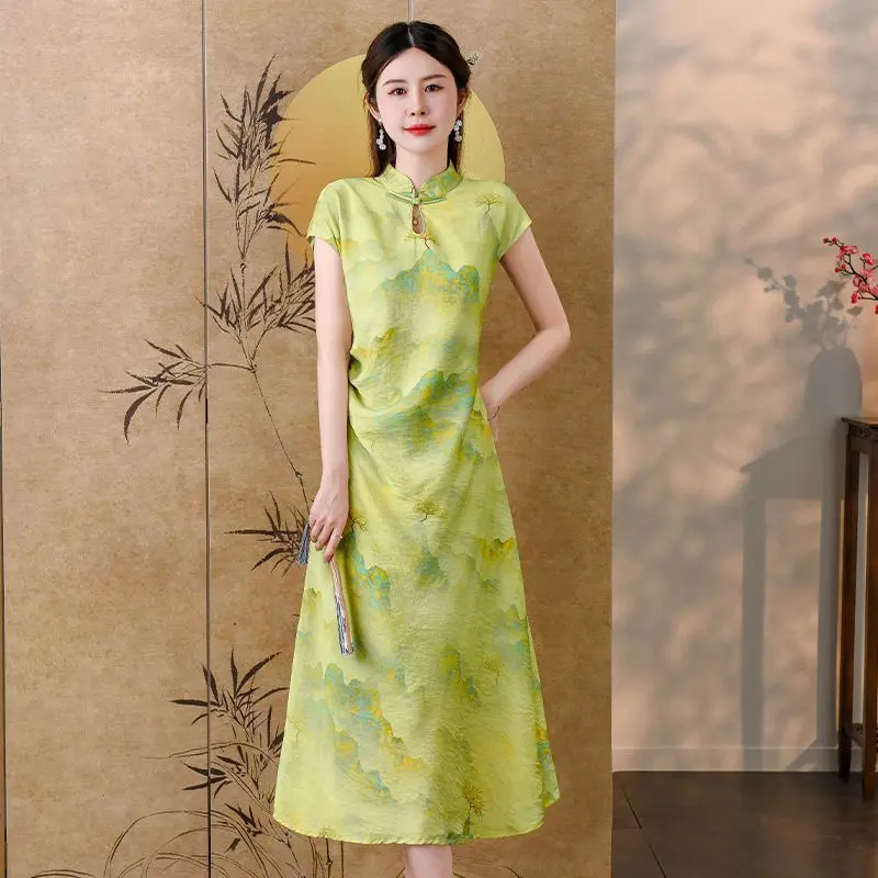 Qipao-Robe Cheongsam Décontractée et Élégante pour Femme, Streetwear à la Mode, Style Ethnique Chinois, Été