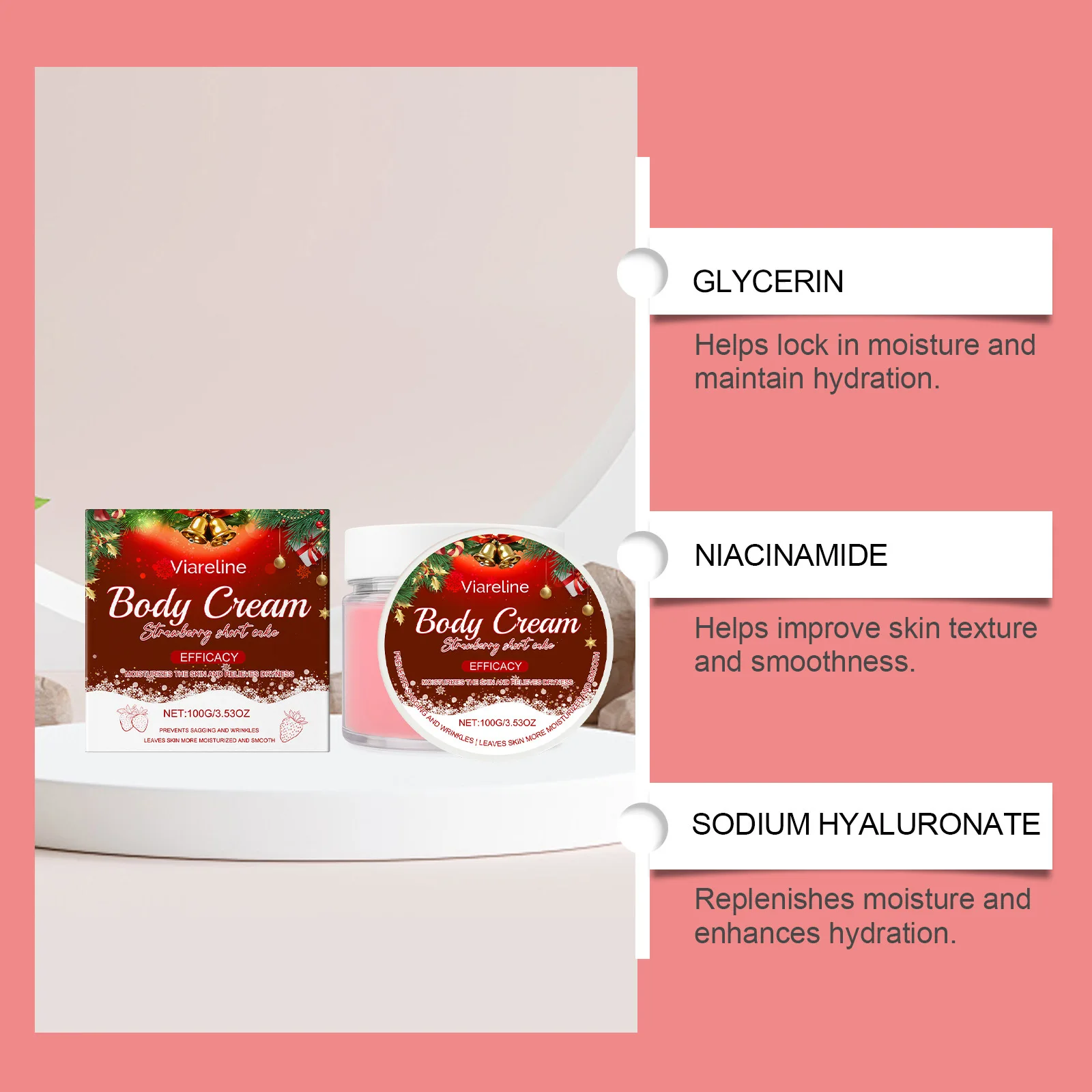 Erdbeergeschmack, nährende, feuchtigkeitsspendende, feuchtigkeitsspendende Körpercreme, feuchtigkeitsspendende, weichmachende, straffende, straffende Haut, straffende Hautton