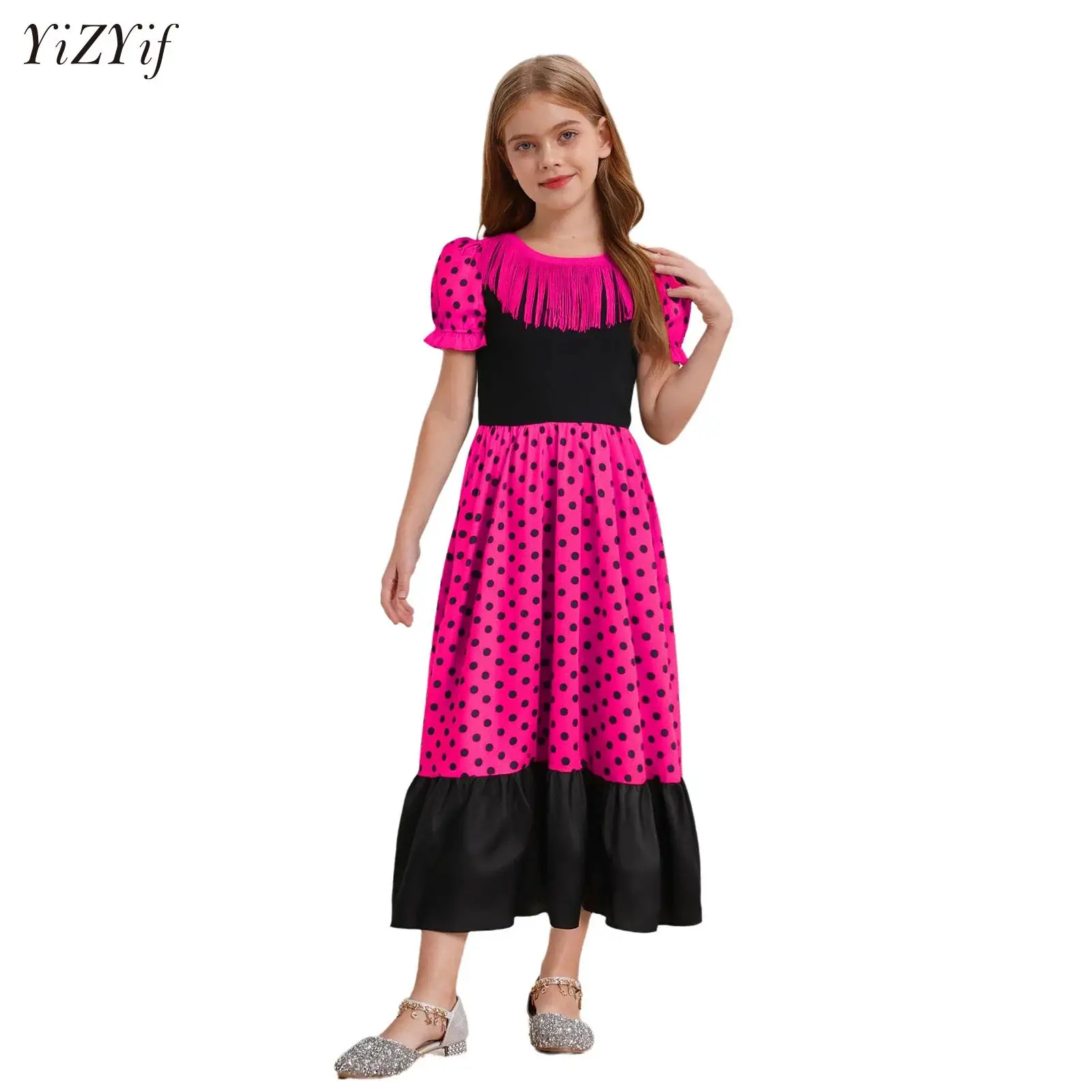 Sevillanas-vestido de baile con borlas y flamencos para niña, disfraz de actuación en escenario para fiesta de Halloween, vestidos de lunares con mangas cortas abombadas