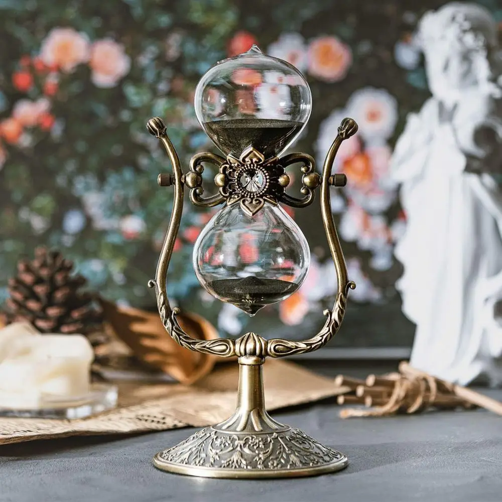 60 Minute Sand Clock, Rotating Emed Sand Timer Vintage Home Décor, Bronze Metal Hour Glass with Black Sand