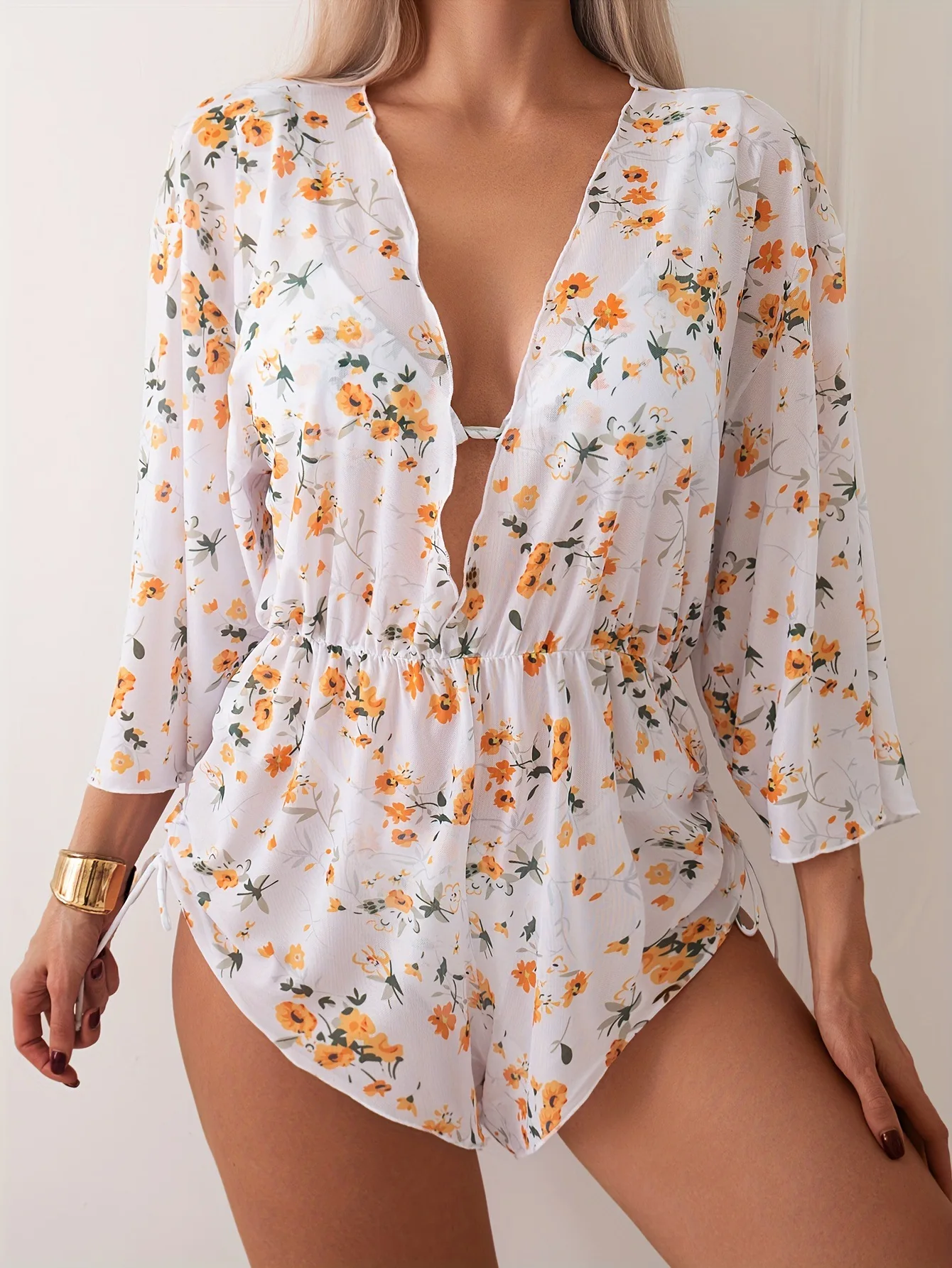 

Летний комплект бикини из 3 предметов с длинными рукавами, женский, белый, с цветочным принтом, пуш-ап, стринги, купальник для отпуска