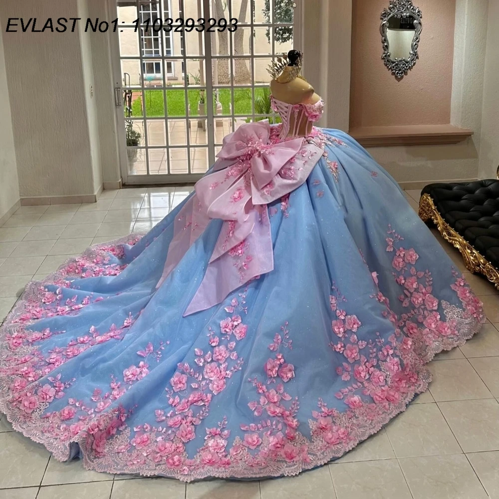 EVLAST Customized Blue Ball Gown Quinceanera Dress Pink Floral Lace Applique Beading Crystal Sweet 16 Vestidos De 15 Anos E1Q913