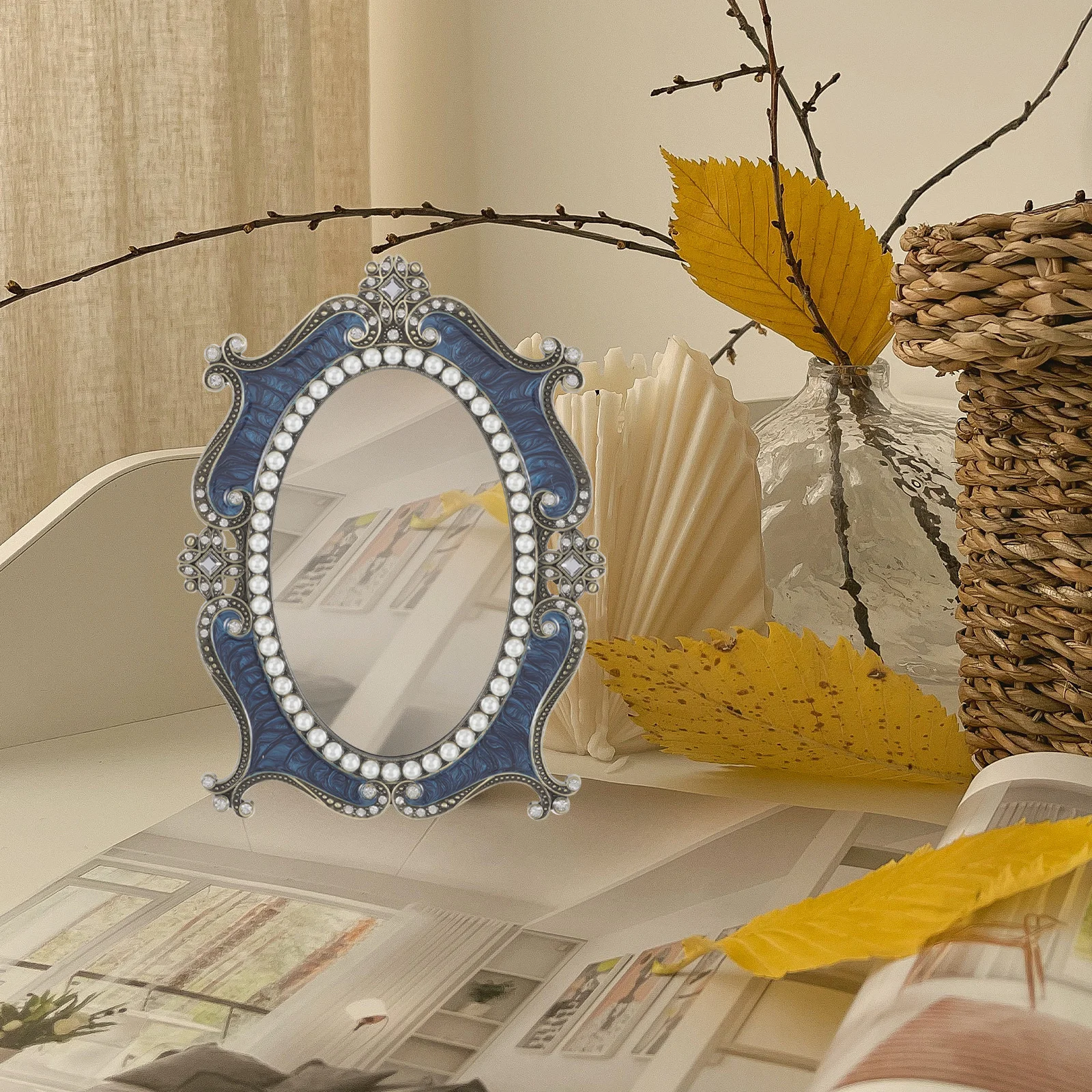 

Pearl Retro Style Desktop Makeup Mirror with Stable Base for Dresser Vanity and Daily Use Home Decor