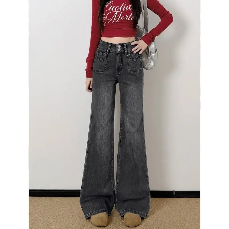 

Summer New Women Dark Grey High Waist Stretch Flare Jeans, Plus Size Slimming Denim Pants for Curvy Pear Shaped Figures