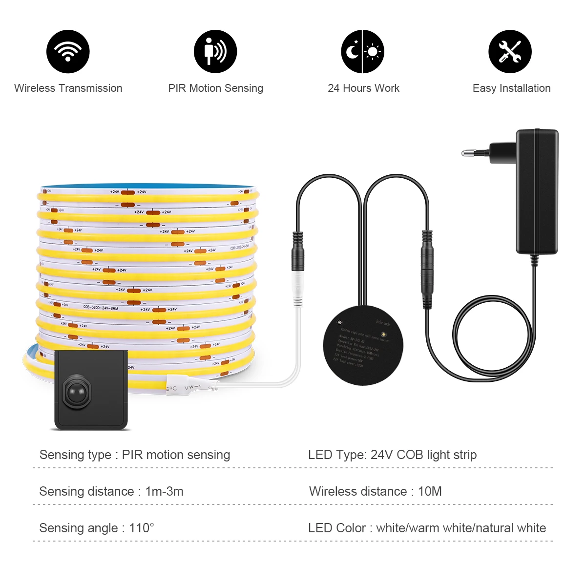 PIR Motion Sensor COB LED Strip Lights 24V, Wireless RF,for Cabinet/Stair Night Light, Flexible Cuttable Led Tape, EU/US Plug