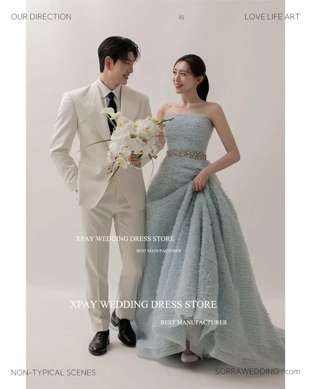 XPAY Strapless Sky Blue Korea Evening Dresses Pleats Tassel Wedding Photo Shoot Fairy Sleeveless Formal Custom Bride Party Dress