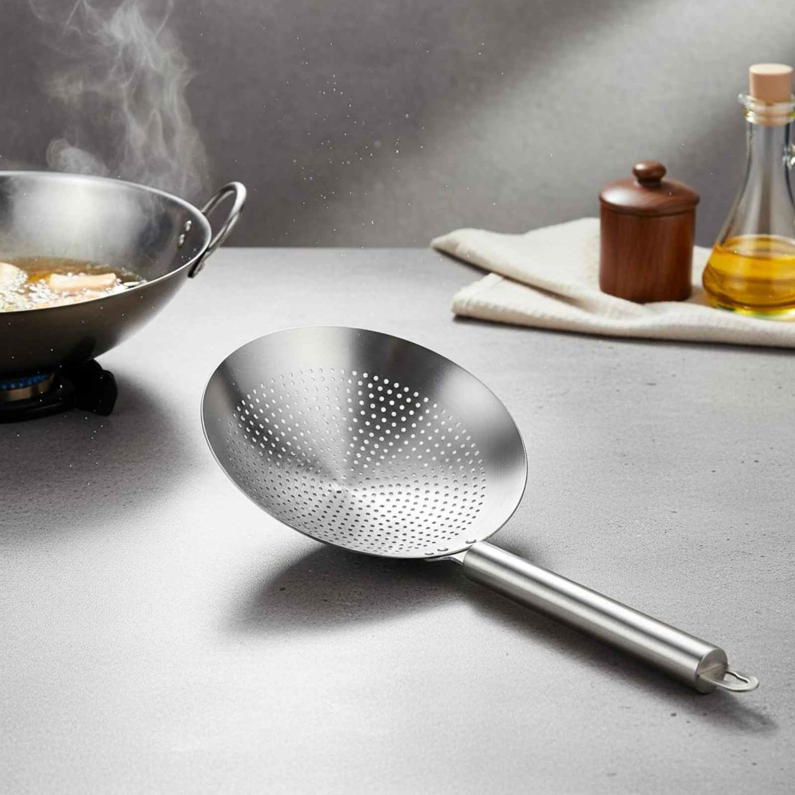 Stainless Steel Skimmer Spoon Sturdy Stainless Steel Strainer Spoon Deep Frying Skimmer Easy to Clean Fryer Scoop for Boiling