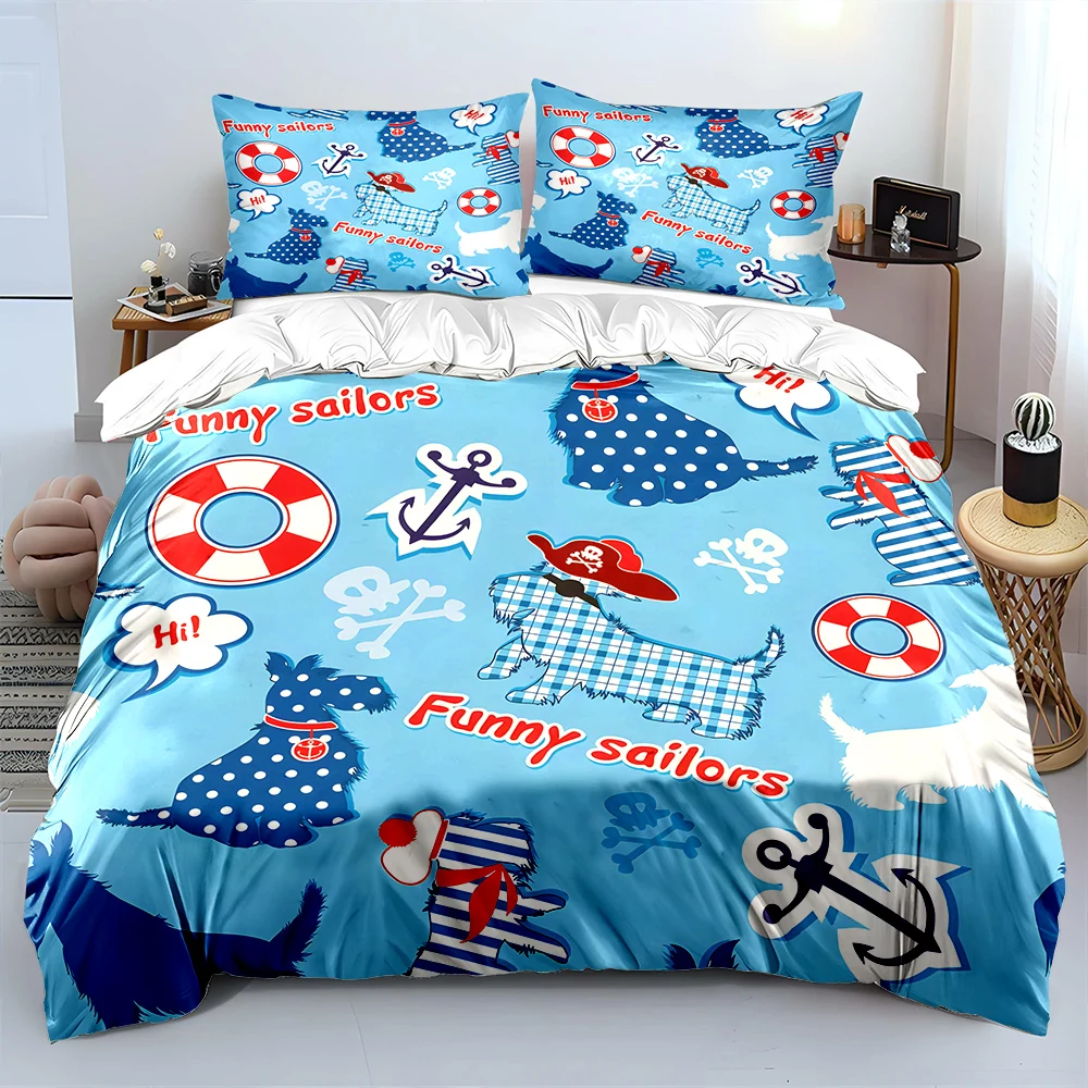 3pcs Funny sailor dogs pattern Print Bedding Set 1 Duvet Cover 2 Pillowcases for Adult and Children Luxury Gift Full Size