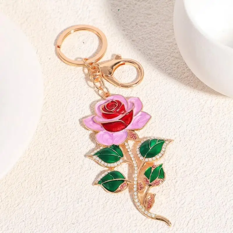 Blumen-Schlüsselanhänger, mehrfarbig, mit Strasssteinen und Kristallen, Auto-Schlüsselanhänger, Damen-Handtaschenanhänger, modisches Rucksack-Accessoire, Souvenir-Geschenk, Rosa – Detail 3