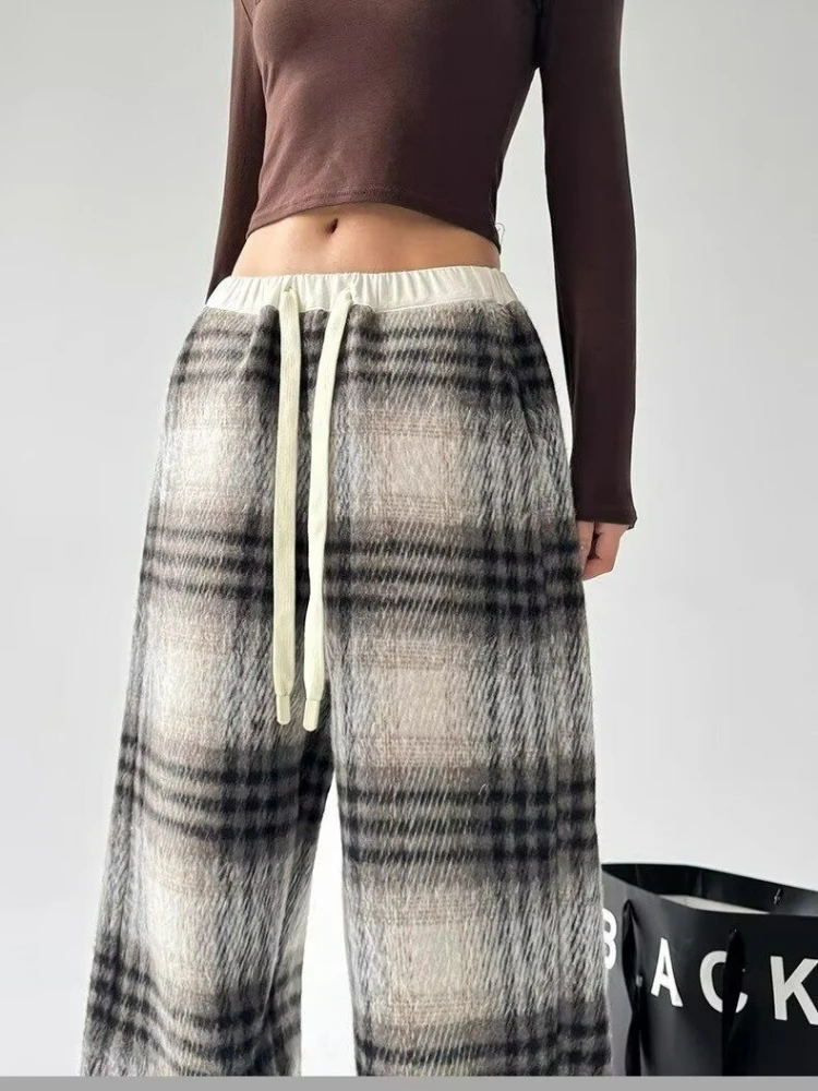 2025 outono inverno xadrez calças de lã para mulheres velo forrado cintura alta drapeado fino vintage grosso casual calças largas perna