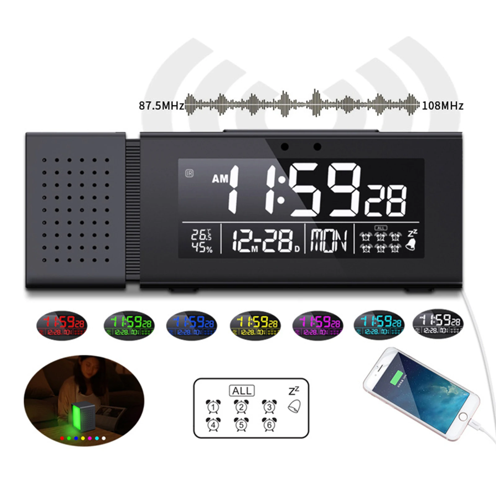 Multifunctional LED Digital Alarm Clock FM Radio Desk Clock with Night Light Infrared Sensor Temperature Humidity Display Clock