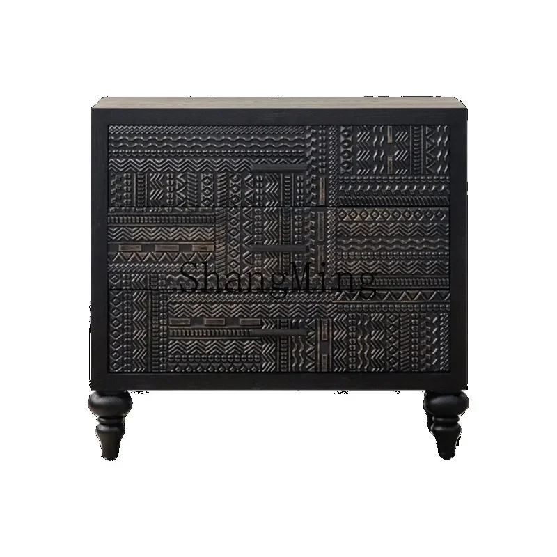 LXY retro living room against the wall relief totem decoration side cabinet solid wood entrance entrance cabinet