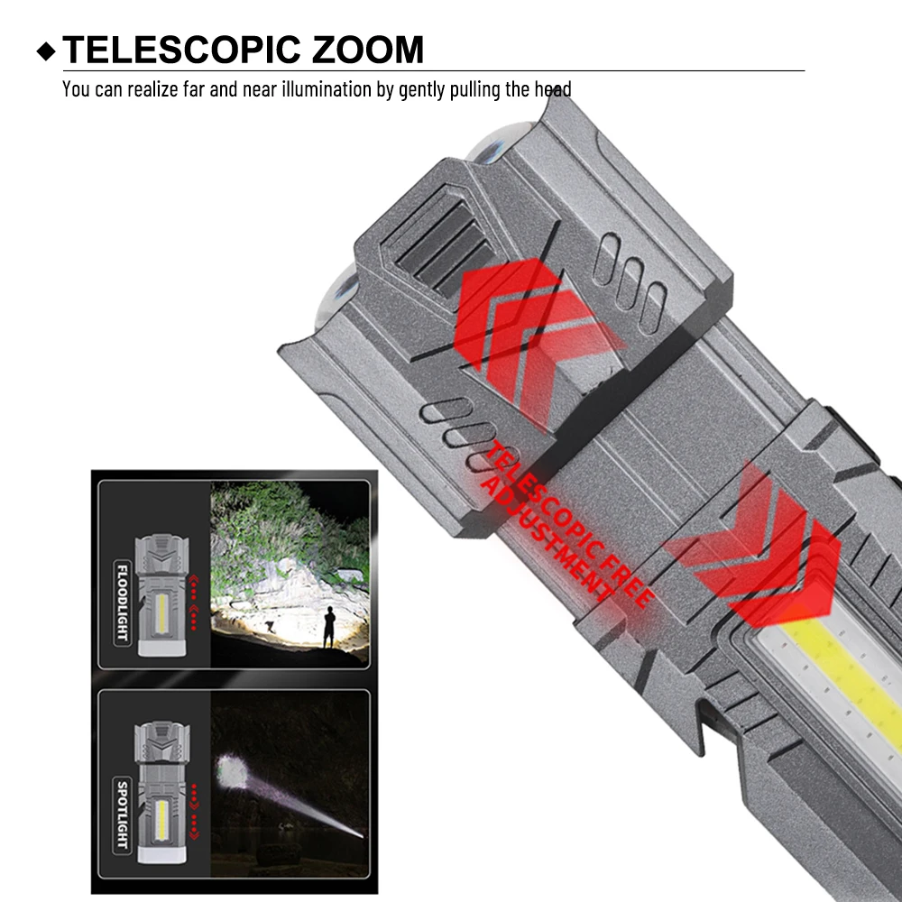 防水LEDタクティカル懐中電灯,内蔵バッテリー出力,伸縮ズーム,磁気,200m範囲,700lm