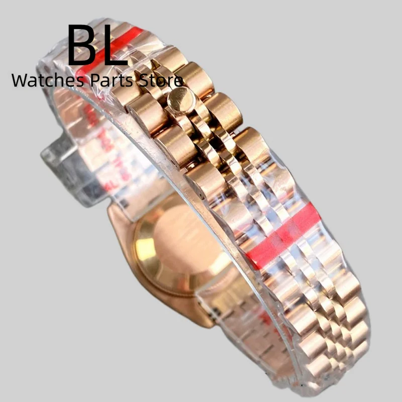BLIGER 26mm NH05 Mechanical Lady\'s Watch Silver Rose Gold Strap Fluted Bezel Sapphire Glass Black Dial Diamond Index Waterproof