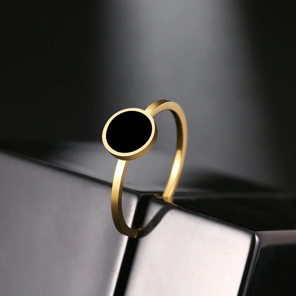 Stainless Steel Rings Fashion Trendy OL Style Anniversary Black Round Stone Ring For Women Jewelry Party Wedding Girls Gifts