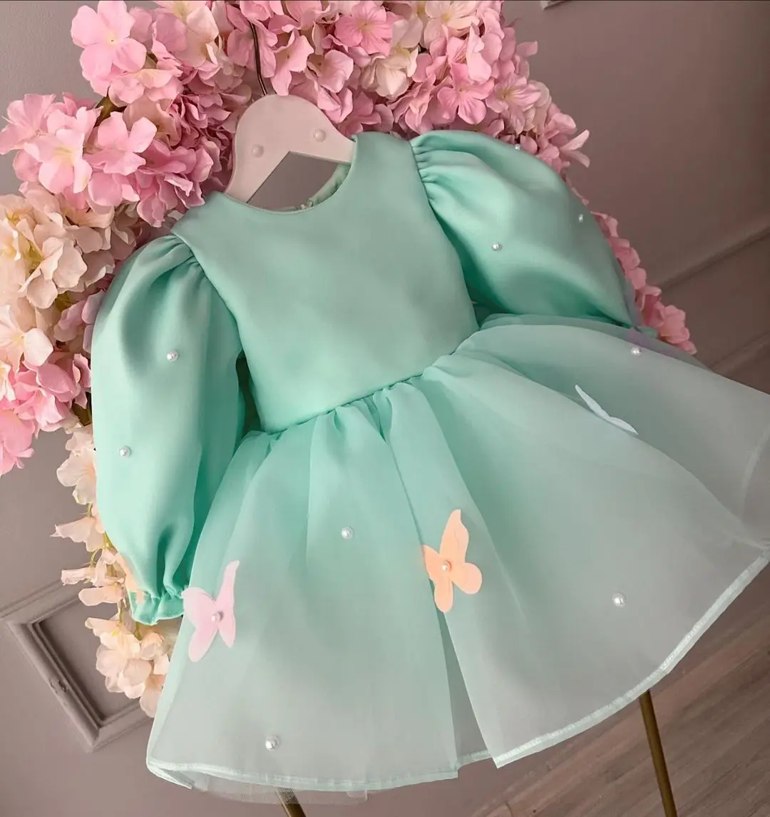 

Green Tulle Flower Girl Dress For Wedding Applique Full Sleeves Puffy With Bow Baby Kids Birthday Party First Communion Gown