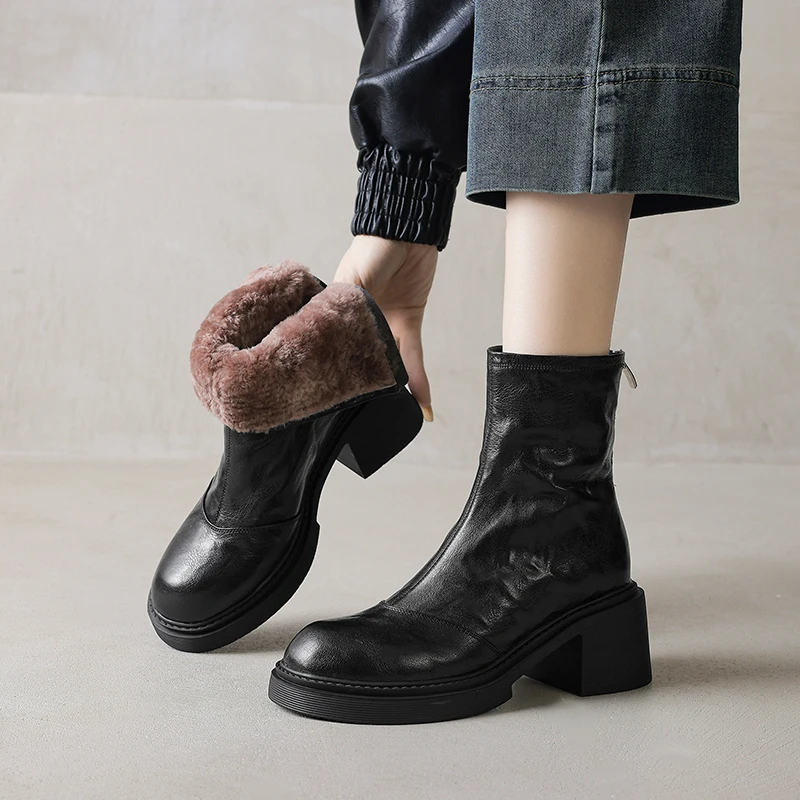 

Wool Fur Genuine Leather Snow Boots Platform Women's High 6CM Heel Ideal for Cold Weather