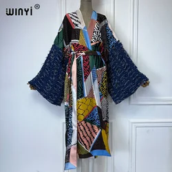 WINYI Fashion print Self Belted dress Women Elegant Summer holiday Bubble sleeve cardigan beach Wear Swim Suit cover up kimono
