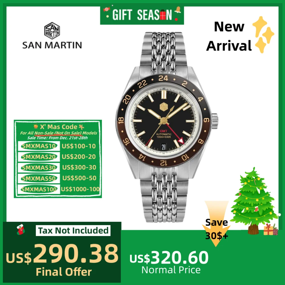 

San Martin 39.5mm Fashion Aluminum Bezel Men's GMT Watch NH34 Automatic 6H Date Automatic 10Bar BGW-X1 Lume Reloj SN0116-4