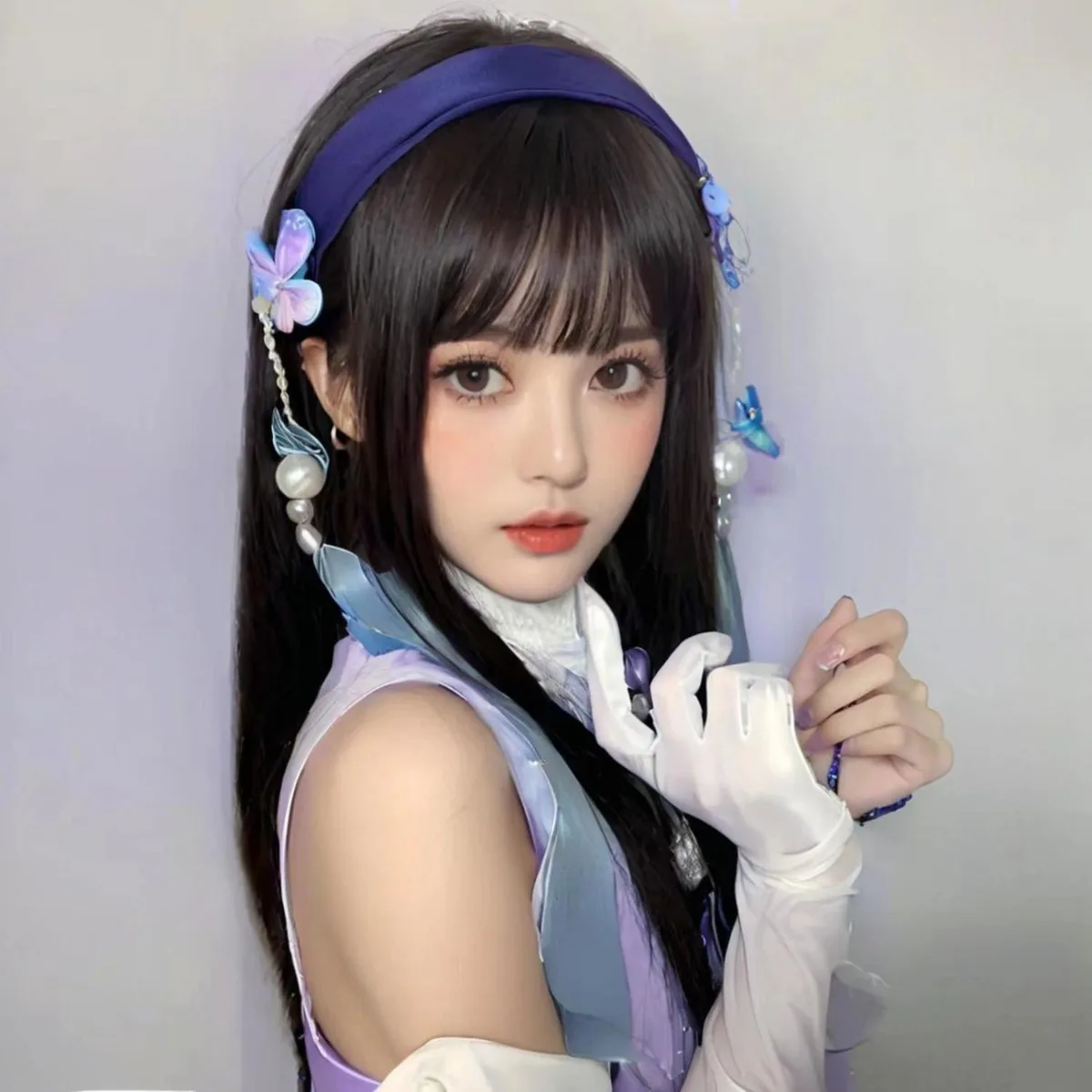 Peluca de cosplay de piel original de Honor of Kings Xishi |   Gorro completo de pelo largo y liso negro para convenciones